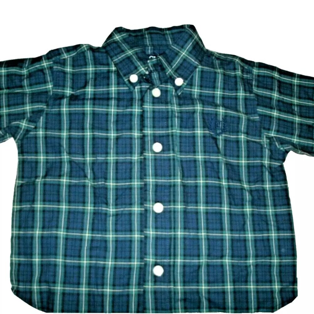 Chaps Boys Shirt Button Down Plaid Green Navy Long Sleeve Size 12 Months New